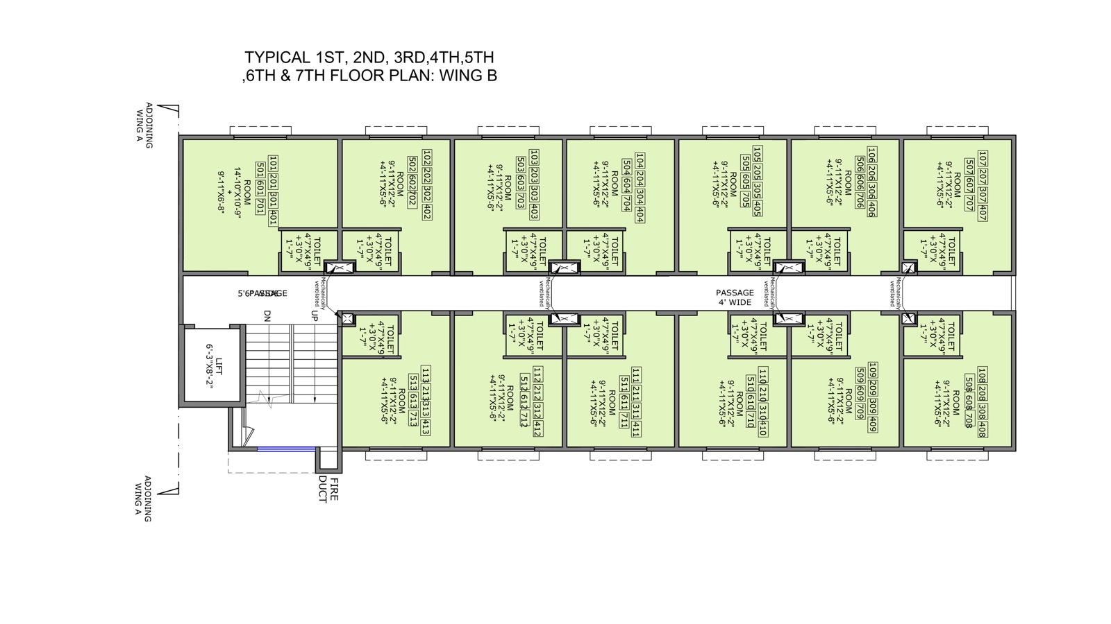 Previe — ground + 7 floors — typical floor plan: wing b